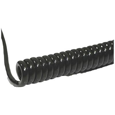Un câble noir enroulé en spirale, étroitement enroulé. Il fait preuve de flexibilité et est prêt à être déroulé.