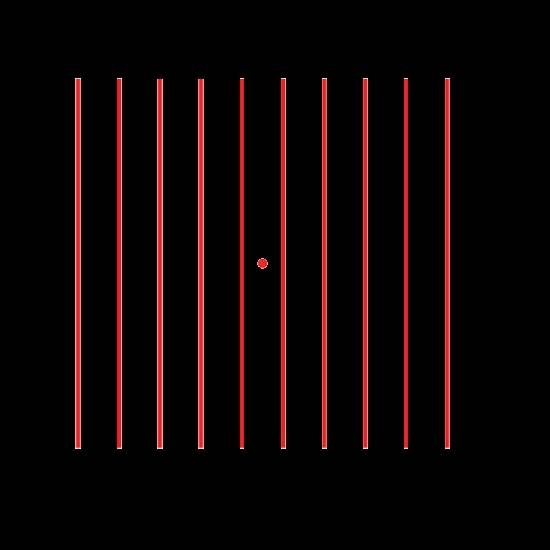 Point rouge au centre de neuf lignes verticales rouges sur un fond noir.