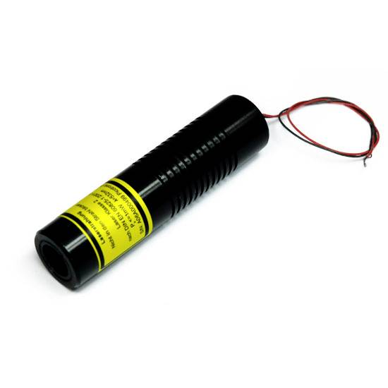 Laser cylindrique noir avec deux bornes de fil saillantes et une étiquette d'avertissement jaune indiquant la puissance.