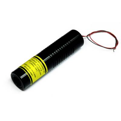 Laser cylindrique noir avec deux bornes de fil saillantes et une étiquette d'avertissement jaune indiquant la puissance.