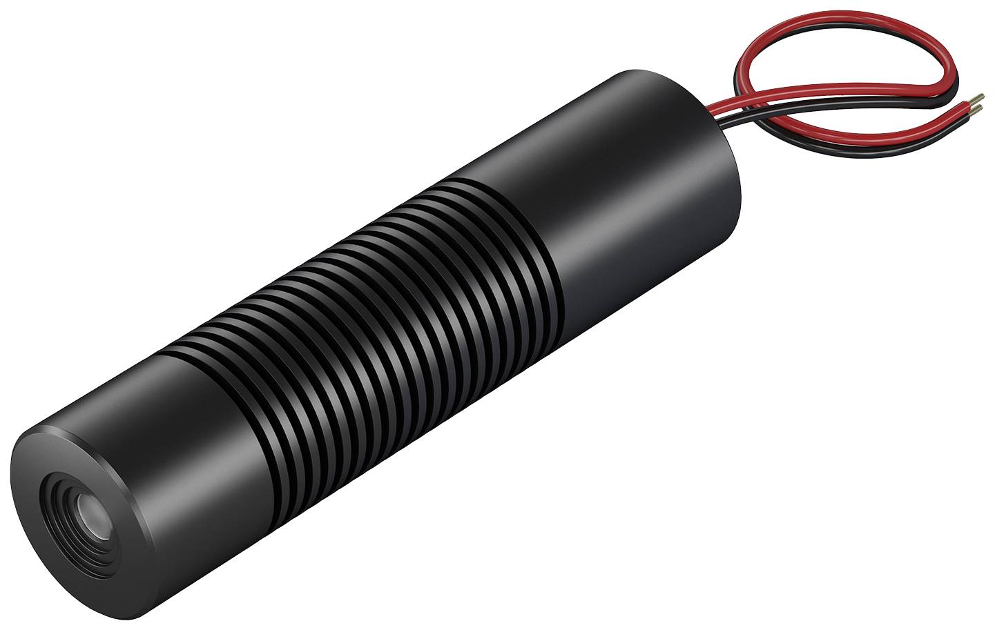 Laser cylindrique noir avec ailettes de refroidissement et deux câbles saillants, adapté aux applications techniques.