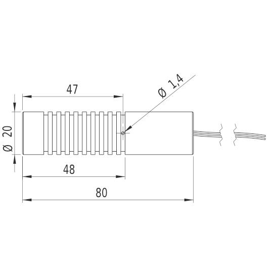 Dessin technique d'un composant cylindrique avec dimensions : longueur totale 80, section striée 47, section lisse 48, diamètre 20, alésage 1,4.