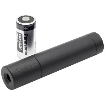 'Dispositif cylindrique noir à côté d'une pile argentée portant l'inscription CR123A de Panasonic.'