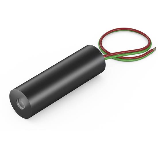 Capteur cylindrique noir avec trois câbles, deux étant verts et rouges. Le capteur est utilisé pour la détection de mouvement dans des applications techniques.