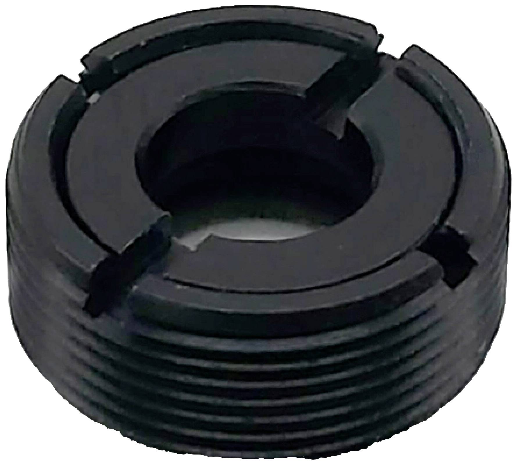 Verrou métallique noir à plusieurs rainures et un trou central, probablement un composant d'un dispositif technique ou mécanique.