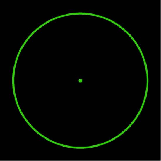 Un cercle vert sur fond noir avec un point en son centre.