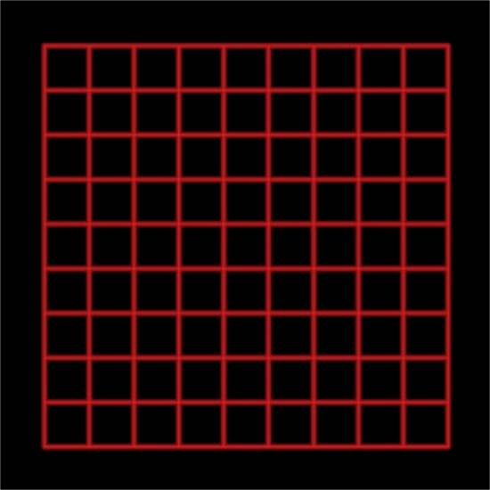 Structure de grille quadratique rouge sur fond noir.