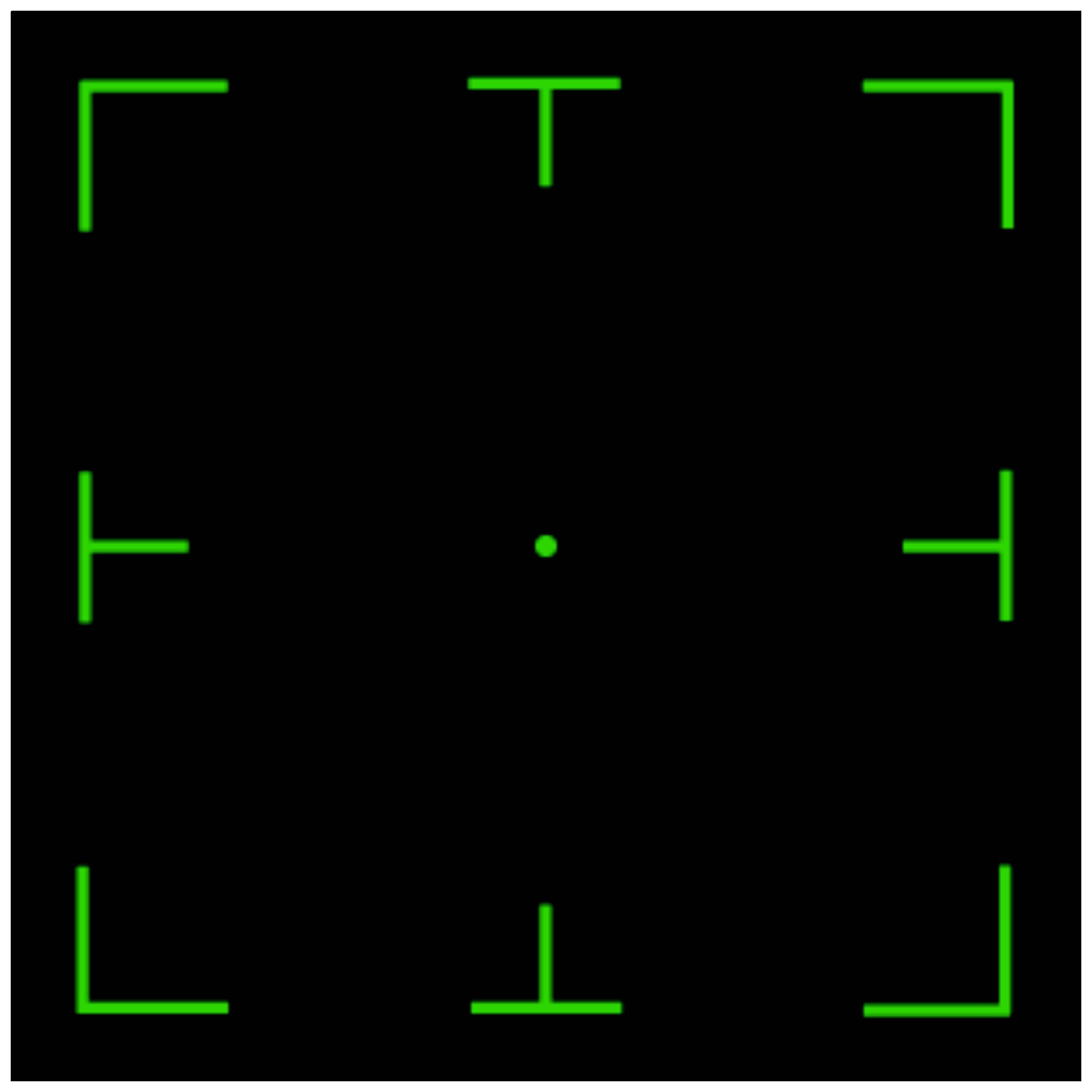 Une croix verte avec quatre angles et un point au centre sur un fond noir, ressemblant à un réticule de visée.