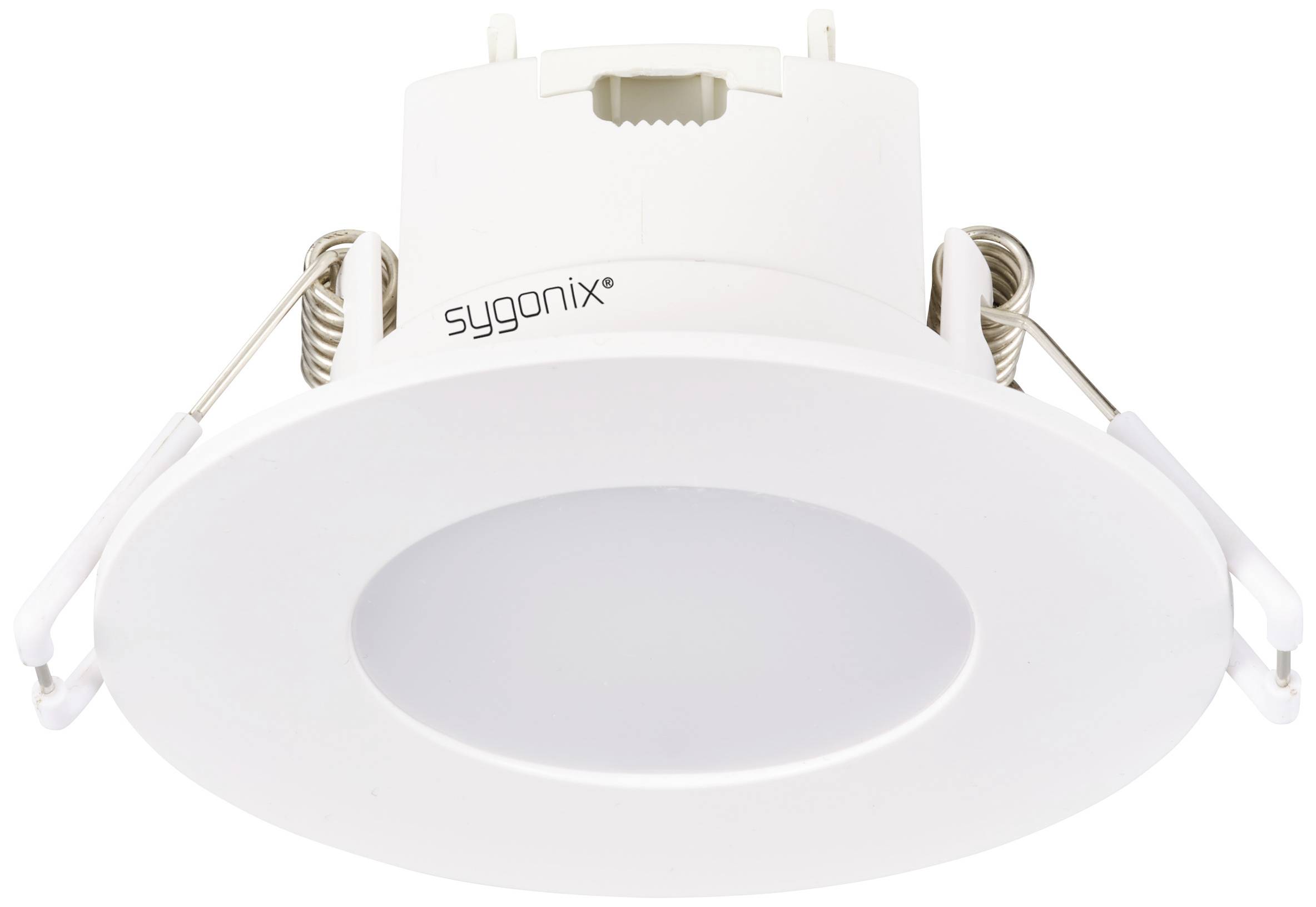 Un spot encastrable LED blanc, rond, avec boîtier intégré et deux clips de fixation pour une installation facile au plafond.
