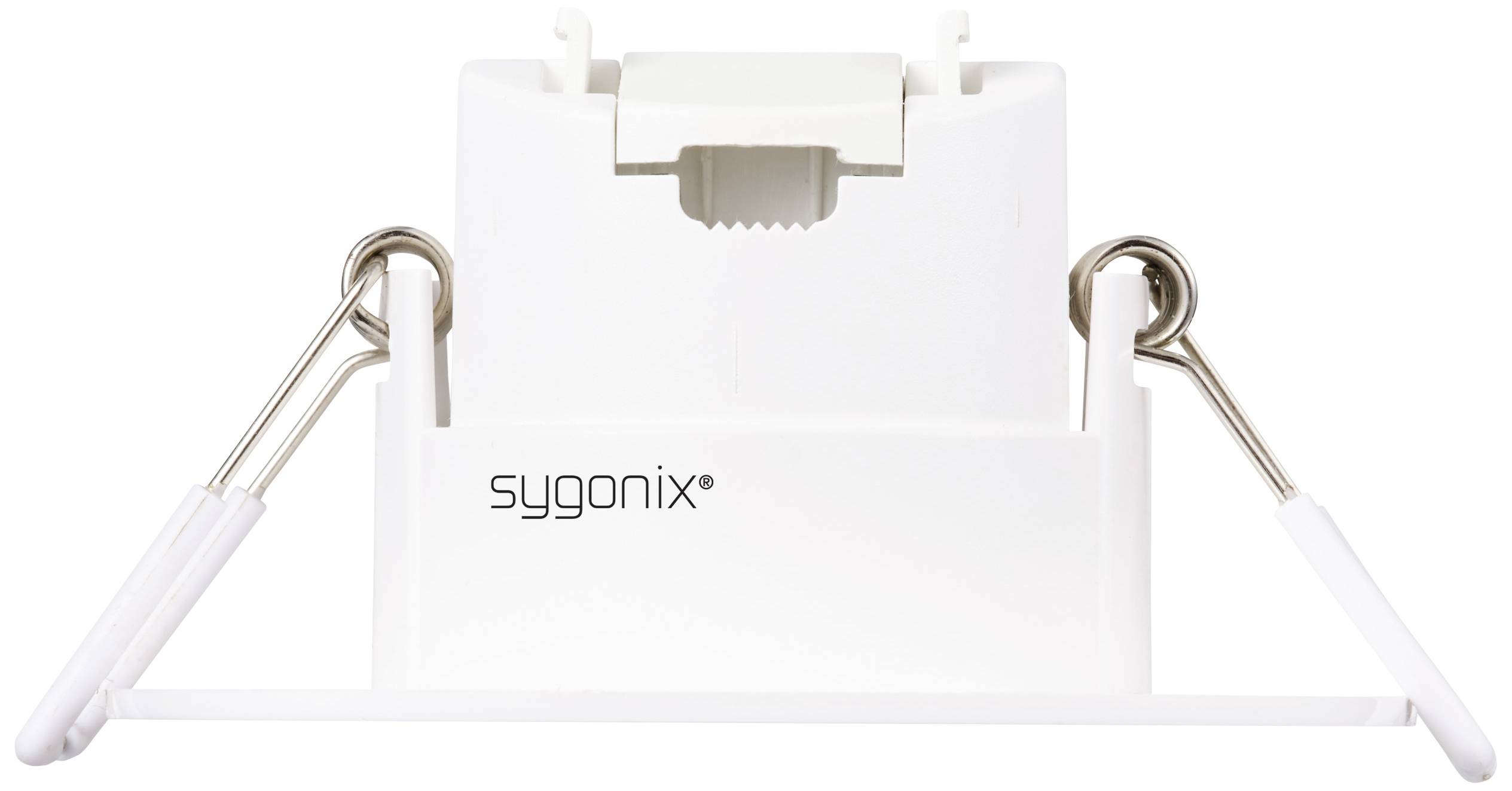 Un cadre encastrable blanc de la marque sygonix pour luminaires LED, équipé de deux attaches métalliques pour une installation facile.