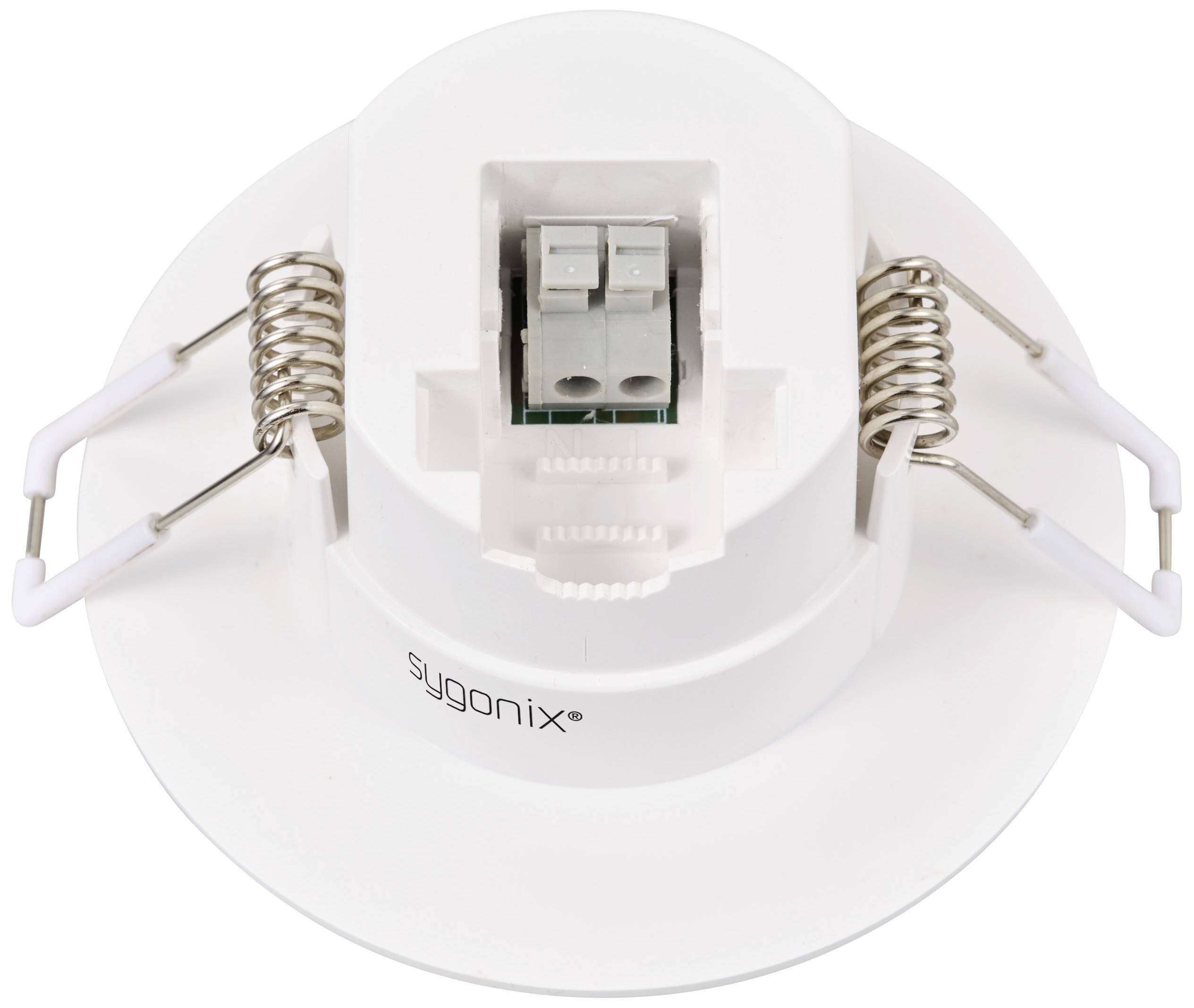 Un détecteur de mouvement encastré au plafond de Sygonix, équipé de ressorts latéraux pour la fixation, est conçu pour détecter les mouvements et contrôler l'éclairage.