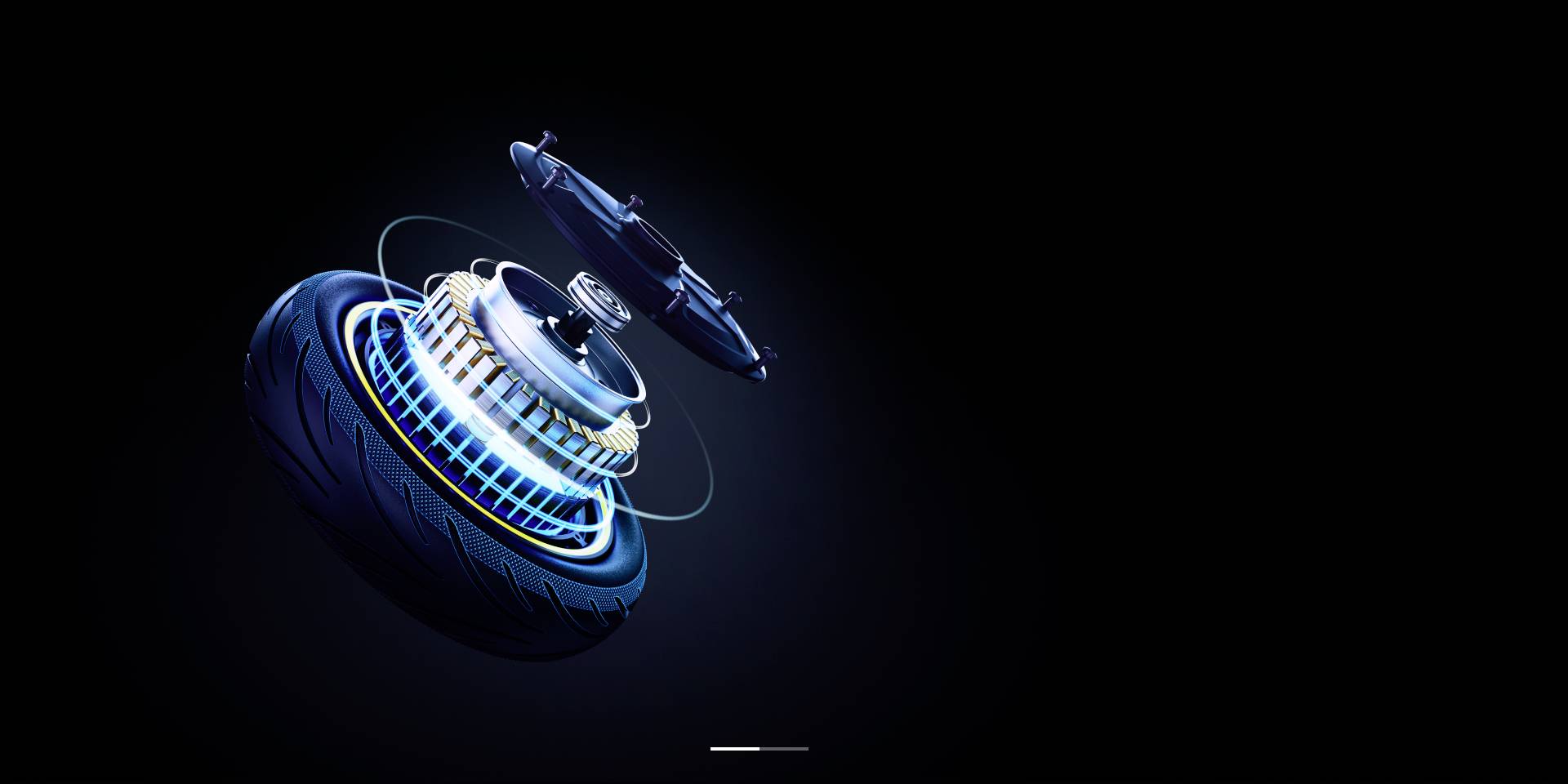 Une image numérique 3D montre un moteur électrique coupé en deux avec des pièces en lévitation au-dessus d'un pneu sur un fond noir.