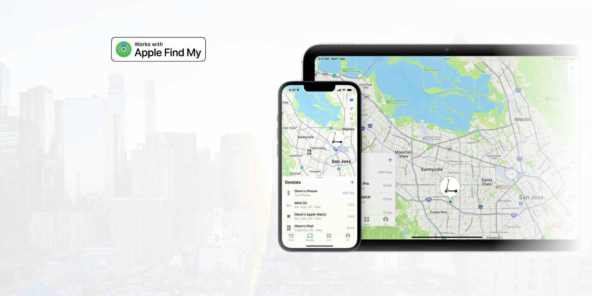 Des iPhones et des iPads avec l'application 'Apple Find My' ouverte affichent une carte avec des marqueurs indiquant des appareils à San Jose et ses environs.