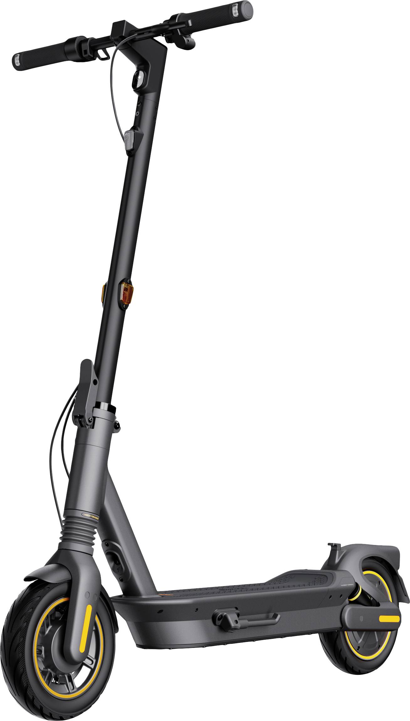 Une trottinette électrique avec un cadre noir et des touches jaunes est droite. La trottinette est conçue pour la mobilité urbaine.