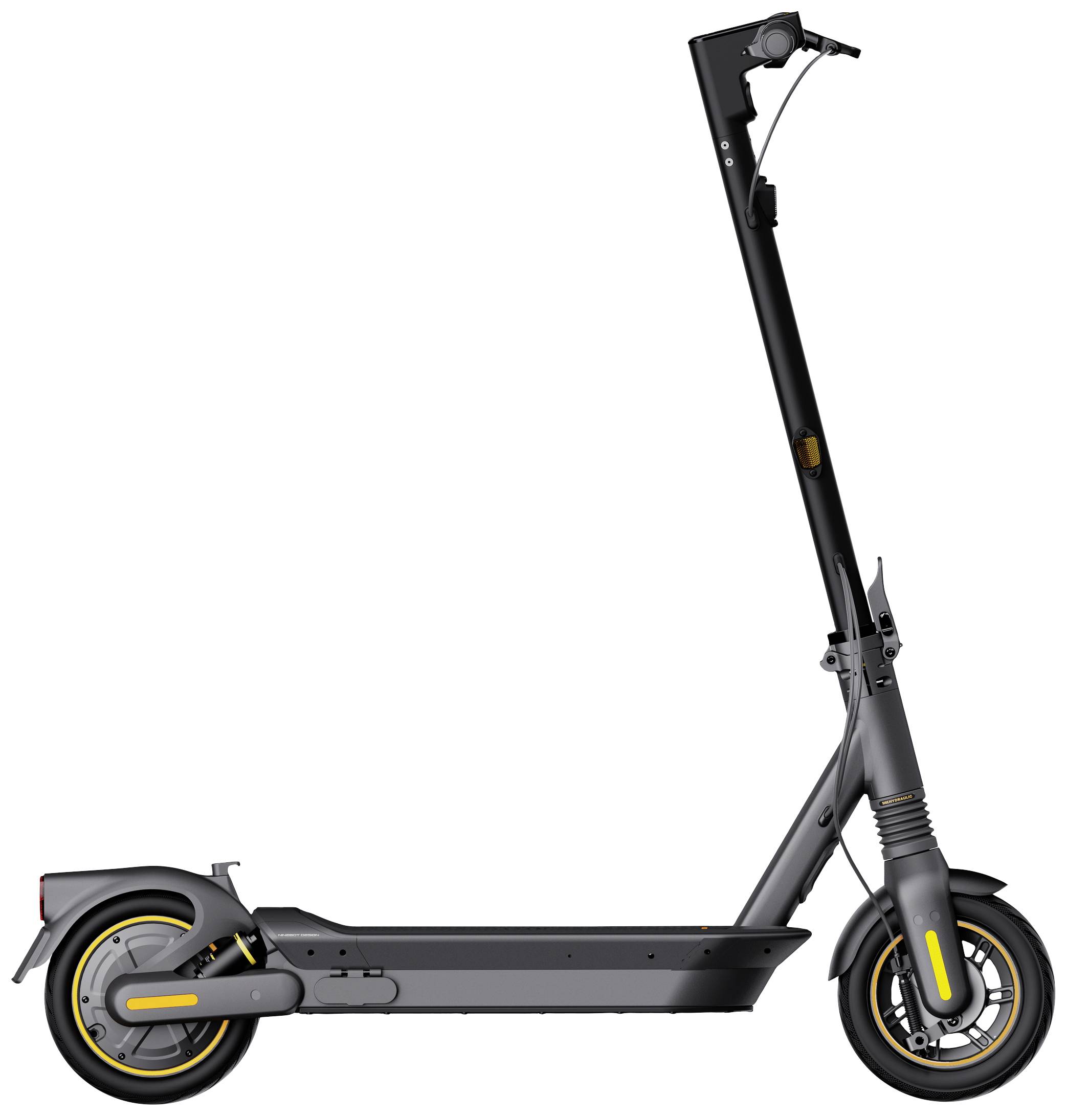 Un scooter électrique noir avec des accents jaunes, vu de côté, révèle les détails de son design élancé et de ses roues robustes.