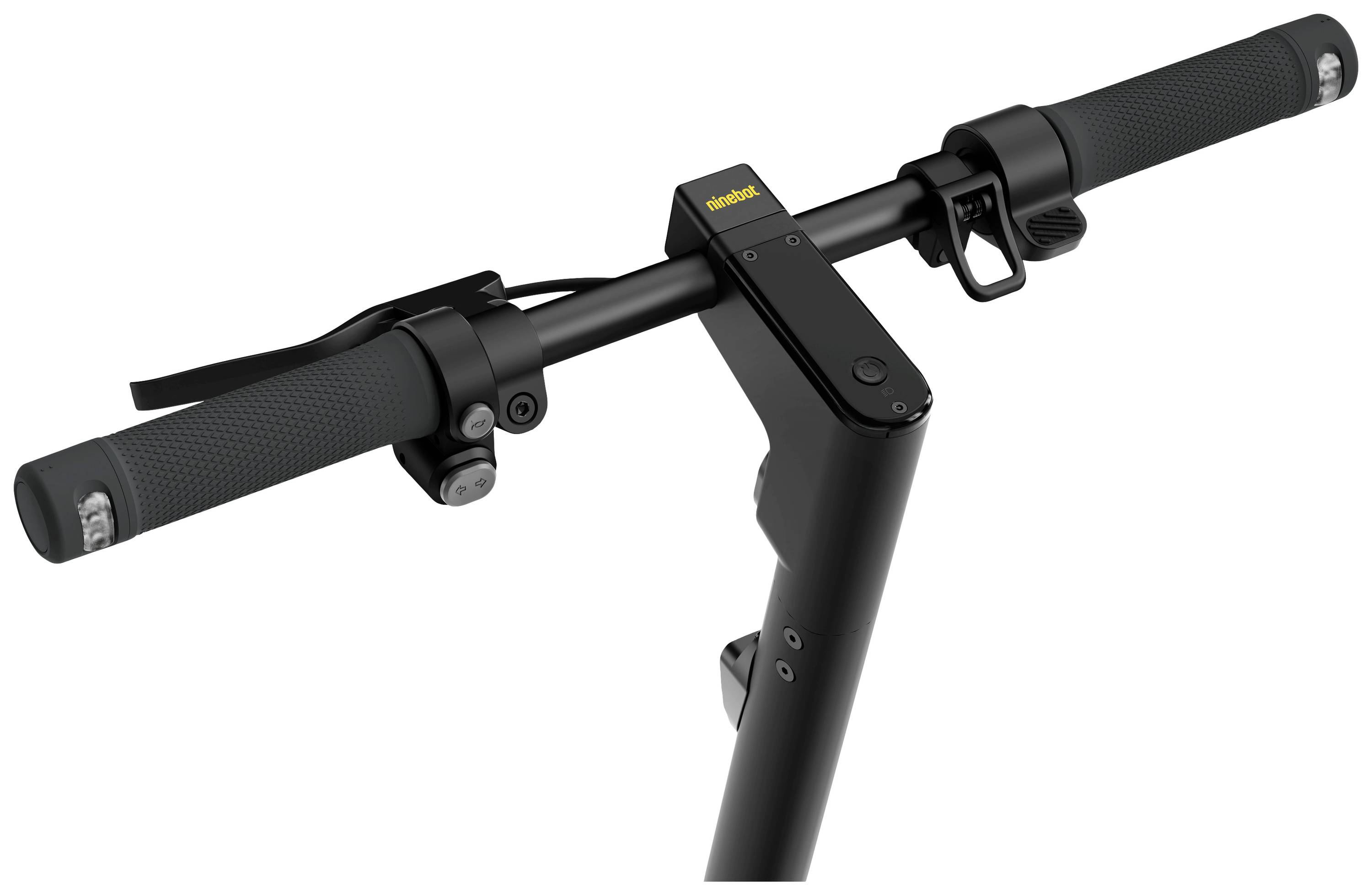 Guidon de trottinette électrique noir avec poignées antidérapantes et sonnette fixée.