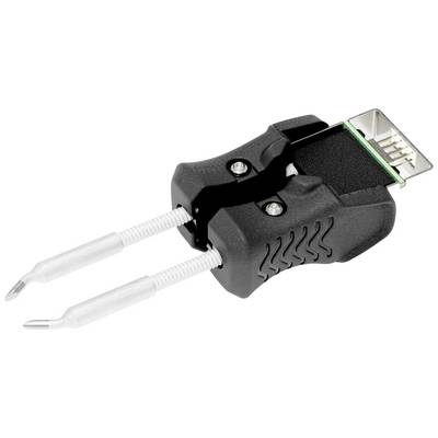 Un clip noir avec deux pointes métalliques et une connexion de câble plat, adapté pour mesurer des composants électroniques.