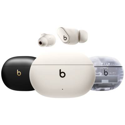 Trois écouteurs en noir, blanc et transparent. Chacun avec un logo 'b'. Le transparent révèle ses composants internes.