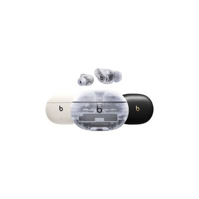 Écouteurs True Wireless 'Beats Studio Buds+' dans un boîtier de charge transparent, blanc et noir. Vue de face montrant les différents designs.
