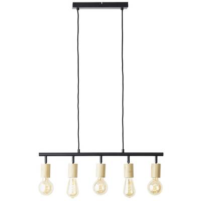 Une lampe suspendue moderne avec cinq ampoules suspendues à une barre métallique noire. Le support est en bois.