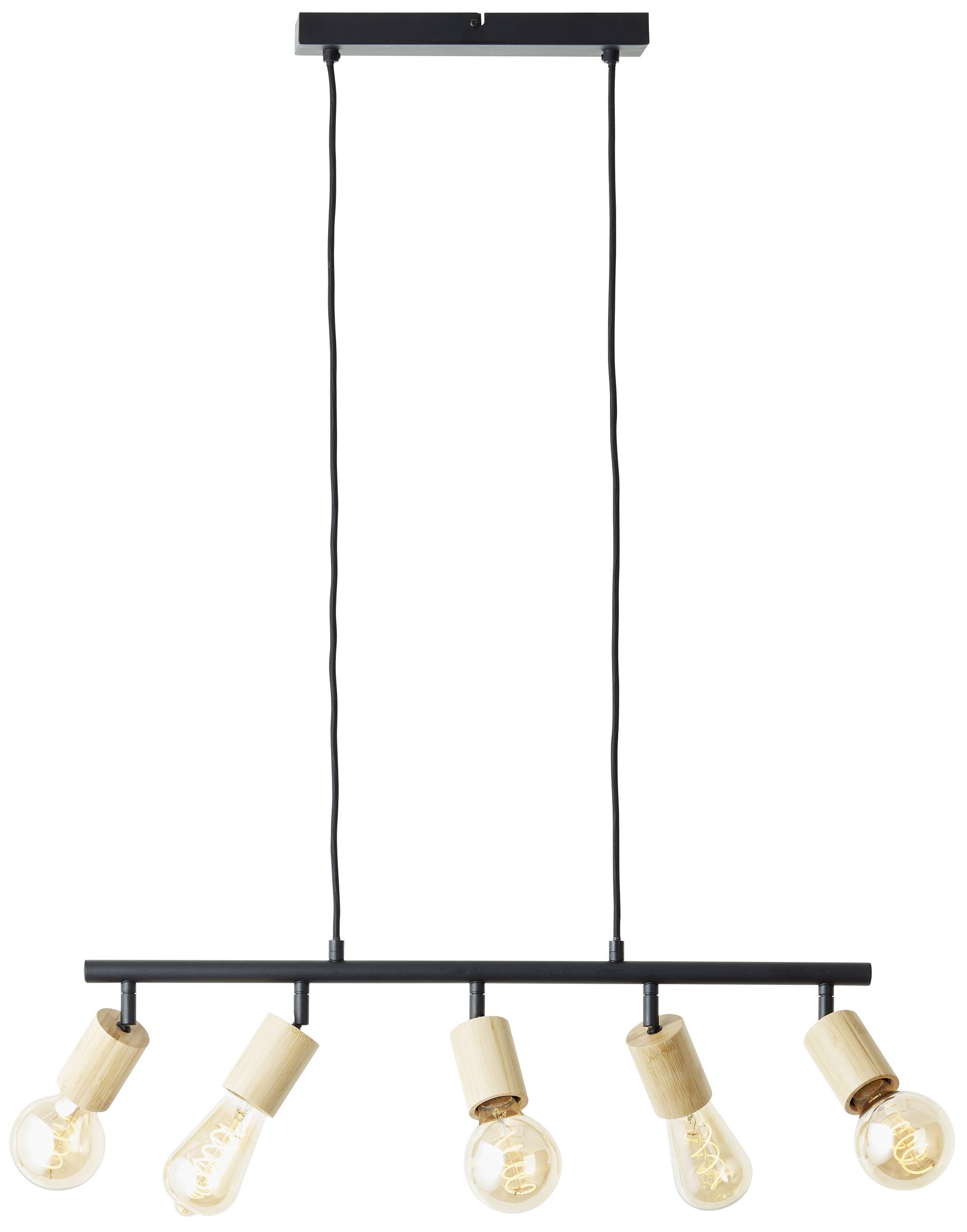 Suspension luminaire avec cinq ampoules apparentes fixées sur une poutre métallique noire, supports en bois, deux câbles pour la fixation au plafond.