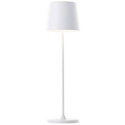 Lampadaire blanc à design épuré et moderne, avec un faisceau lumineux orienté vers le bas.