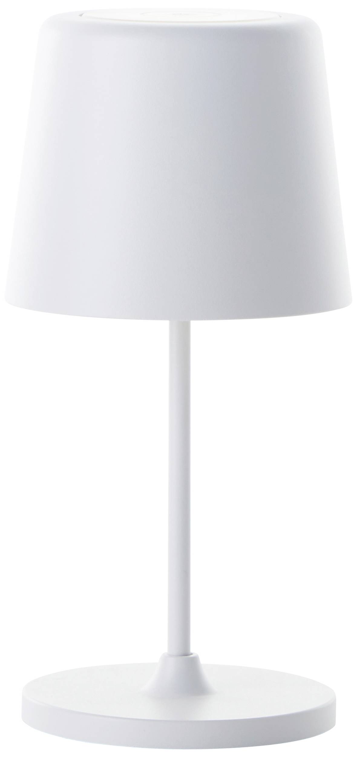 Lampe de table blanche au design épuré et moderne ; abat-jour cylindrique sur un socle droit, adaptée à un intérieur minimaliste.