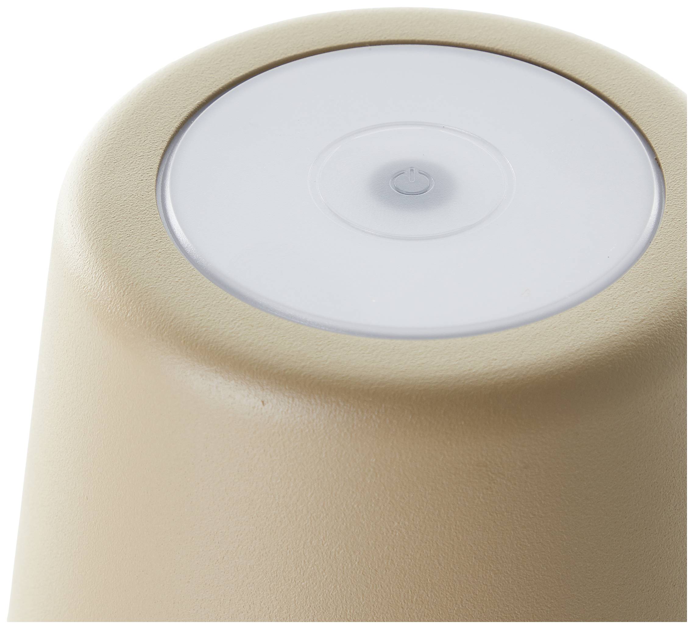 Une lampe beige avec un panneau de commande tactile blanc rond sur le dessus, illustrant le design et la fonctionnalité de la lampe.