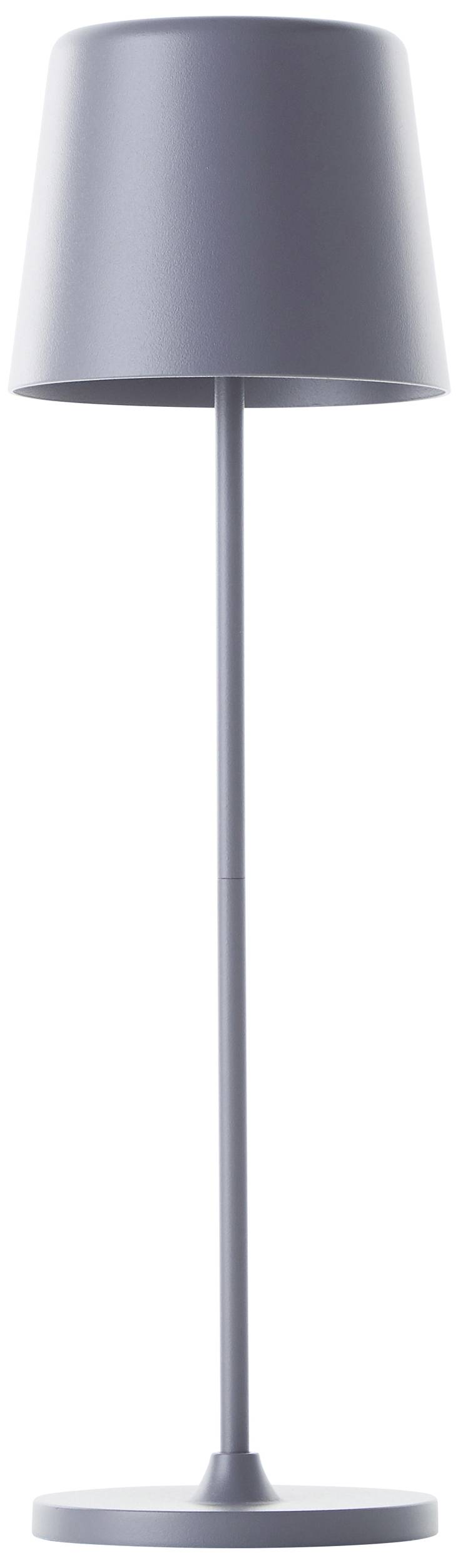 Lampadaire gris au design épuré et moderne. Il se tient droit avec un socle rond et un abat-jour conique.