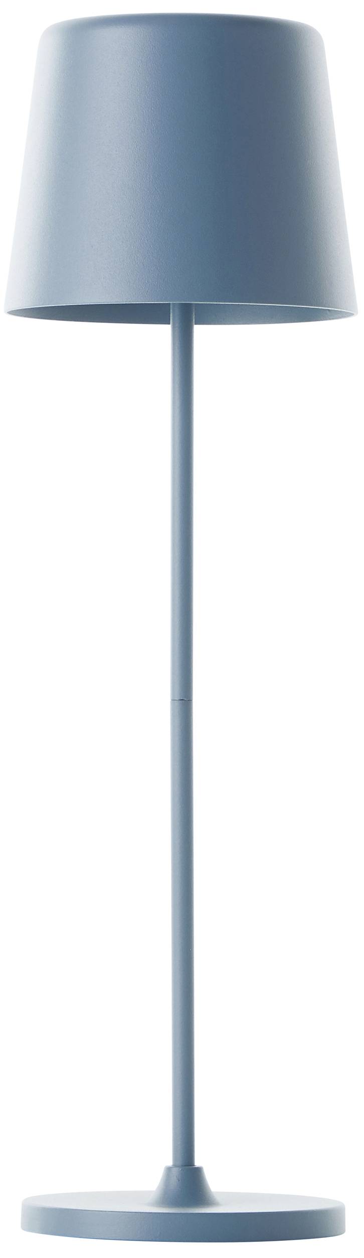 Lampadaire bleu, élégant et fin, avec un socle rond et un abat-jour cylindrique. Design moderne sans ampoule visible.