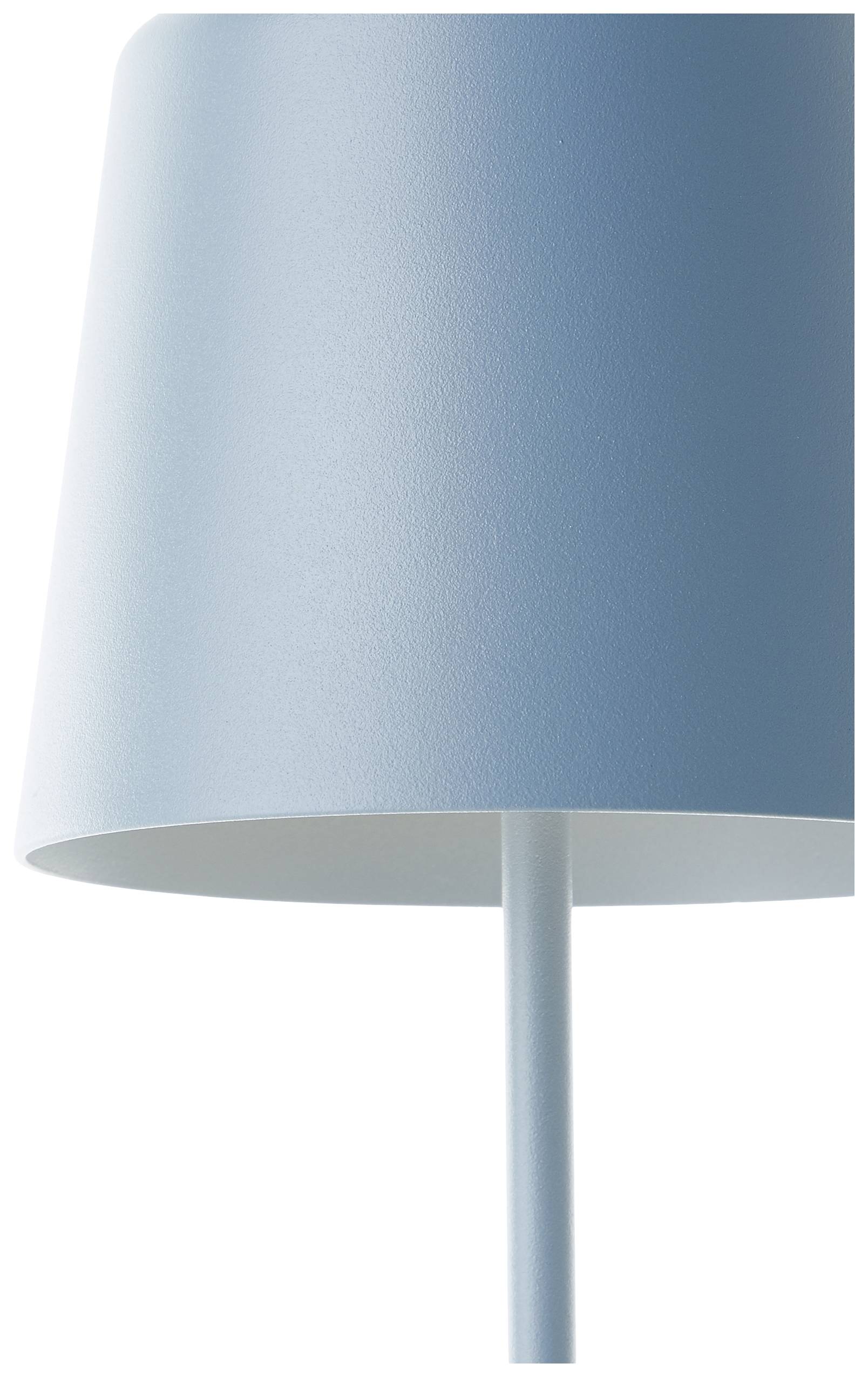 Lampe de table bleue au design épuré et à l'abat-jour conique. Théoriquement adaptée aux espaces intérieurs modernes tels que les salons ou les bureaux.