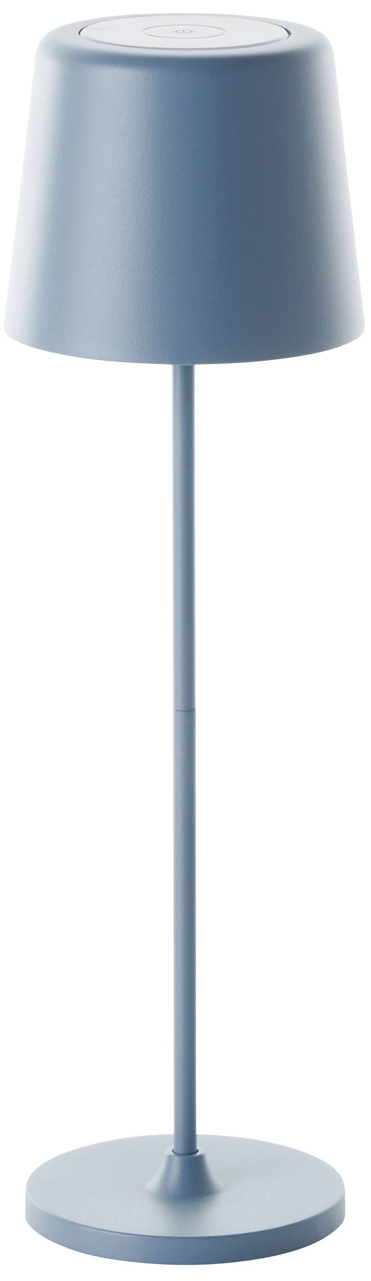 Une lampe design élancée en bleu avec un abat-jour cylindrique et un socle rond. Design minimaliste.