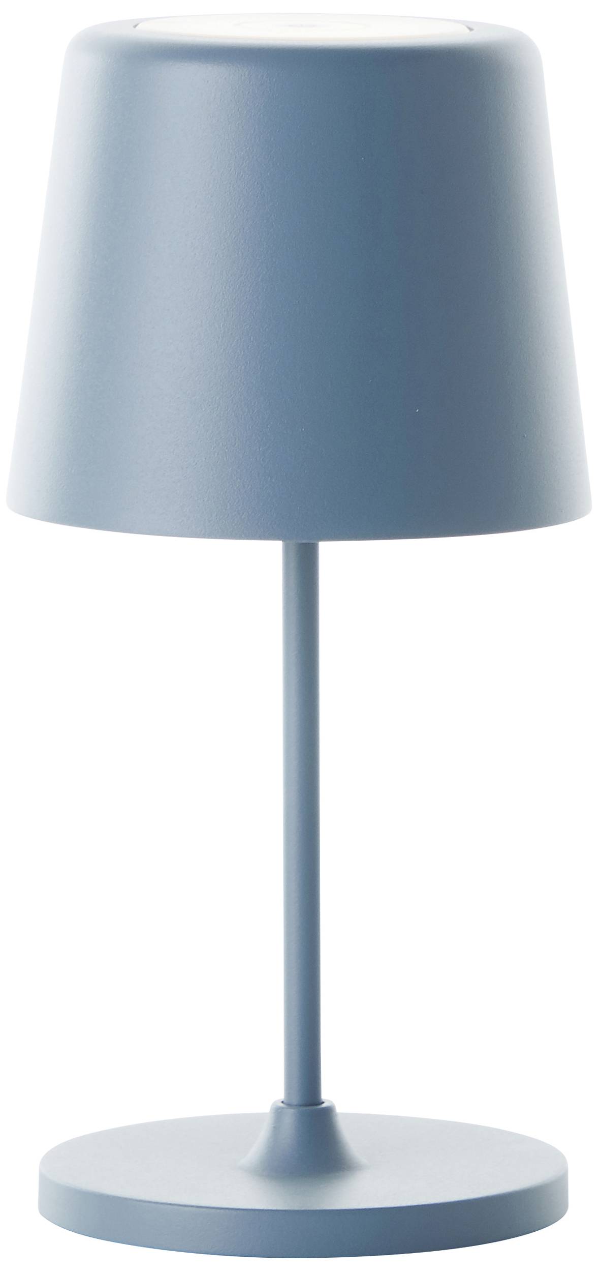 Lampe de table bleue au design moderne et minimaliste, avec un abat-jour cylindrique et un support élancé reposant sur une base ronde.