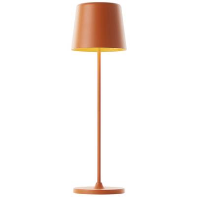 Lampadaire orange au design moderne, avec un pied élancé et un abat-jour conique, idéal pour les intérieurs contemporains.