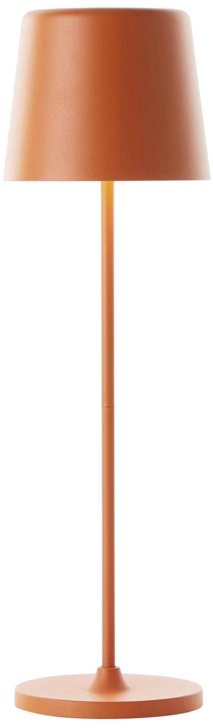 Lampadaire orange au design simple et moderne. Il présente un abat-jour conique et un pied droit et élancé.