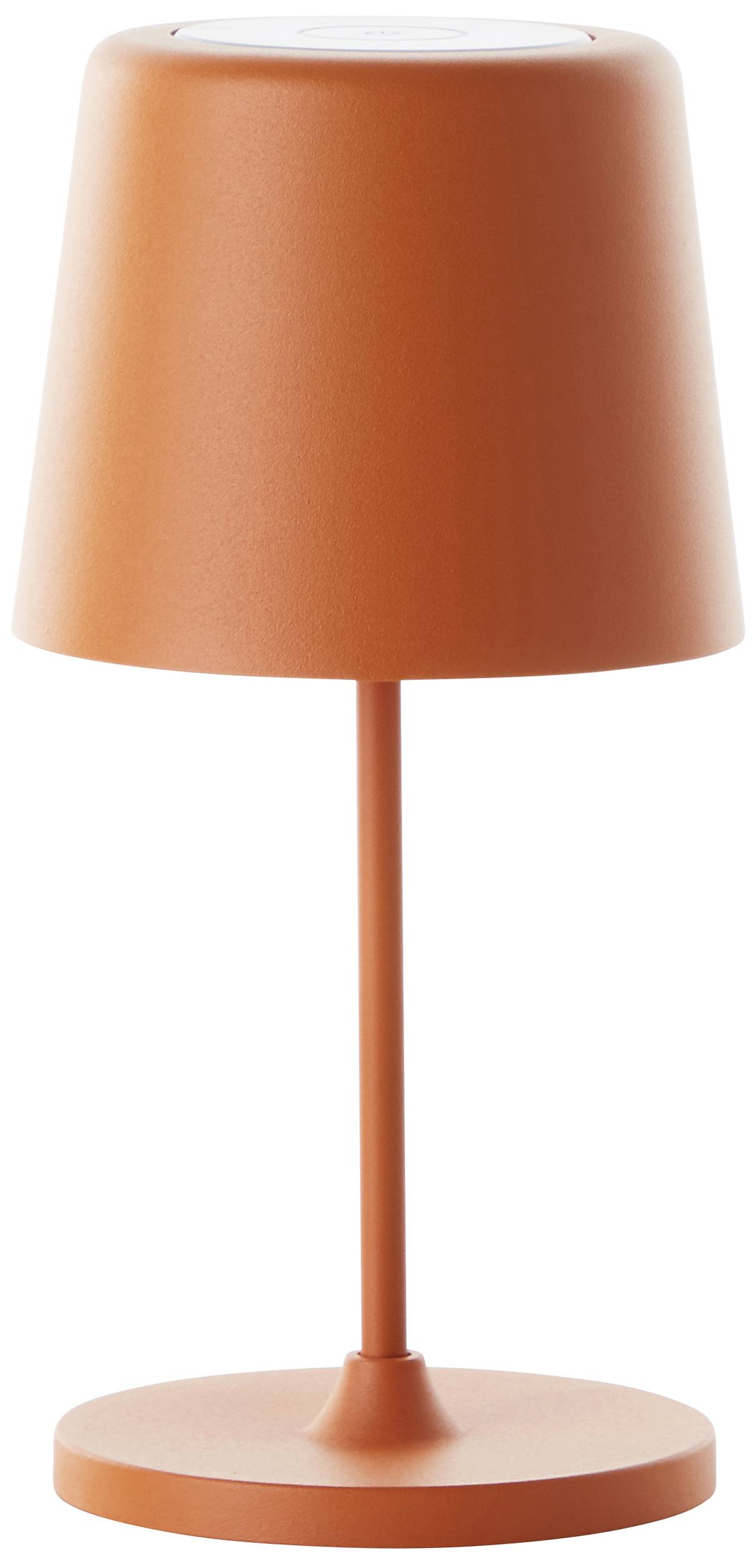 Lampe de table orange au design moderne et minimaliste, composée d'un abat-jour conique sur un support fin et reposant sur une base ronde.