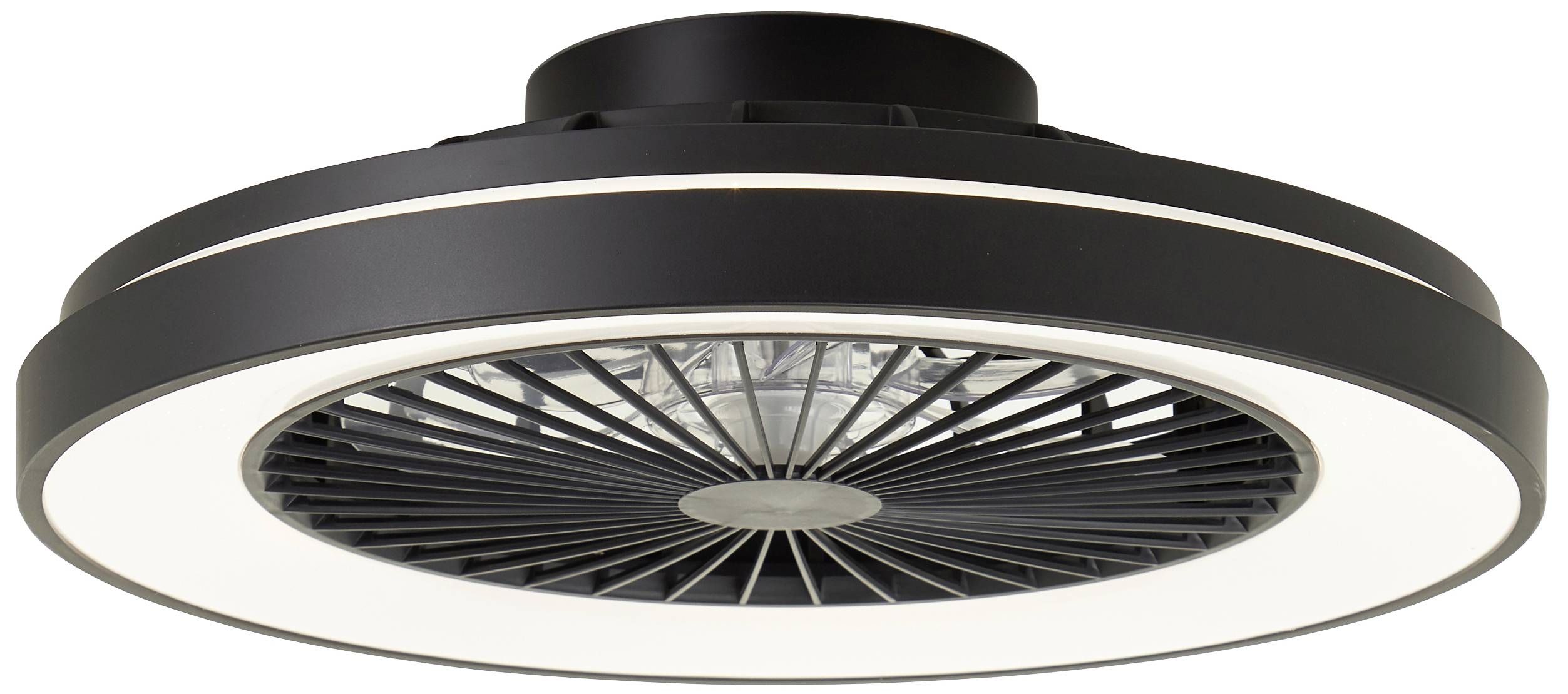 Ventilateur de plafond avec éclairage LED intégré, boîtier noir, forme ronde, design moderne et élégant.