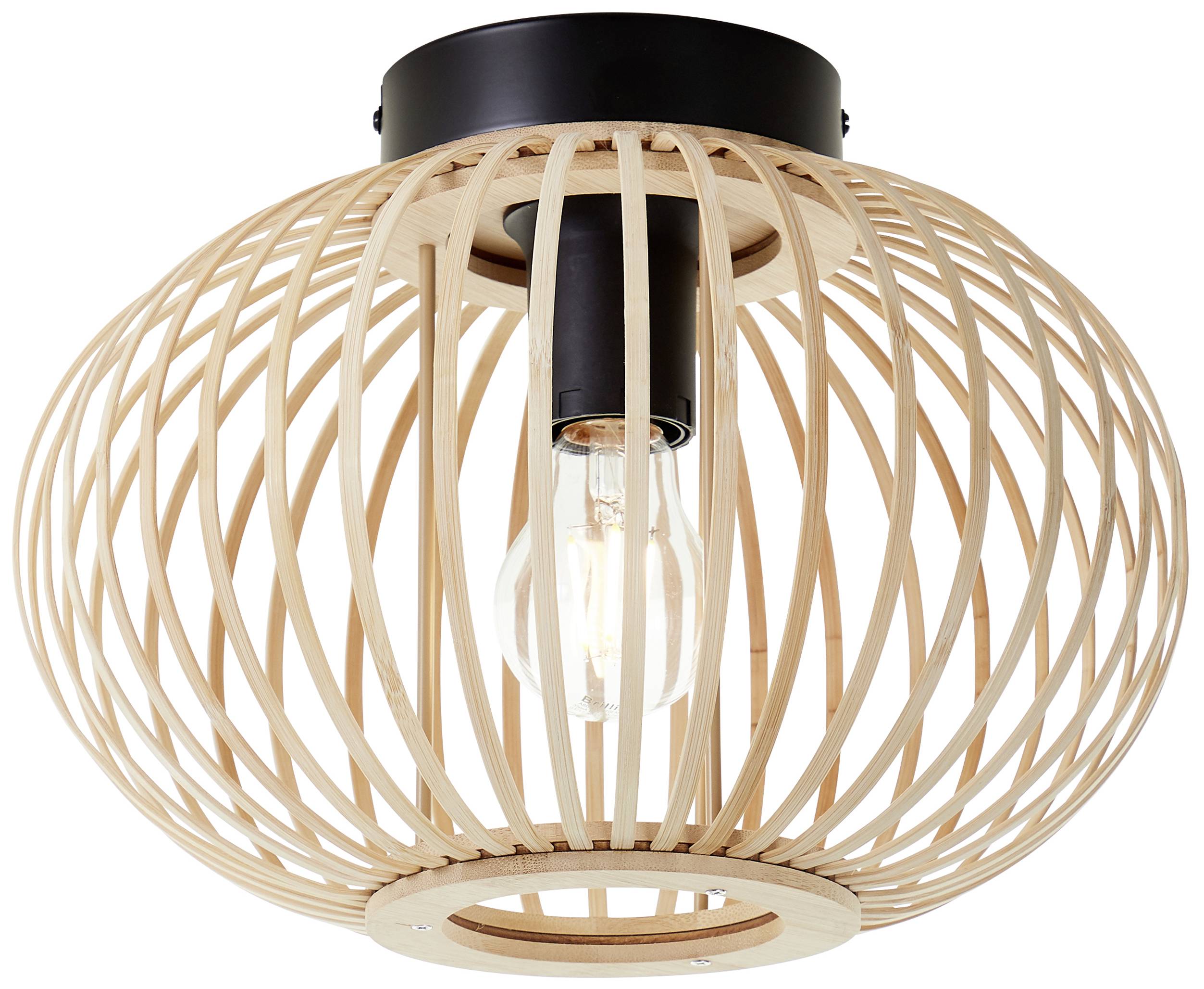 Lampe en bois avec socle noir, anneaux ouverts, montrant l'ampoule à l'intérieur. Style moderne et minimaliste.