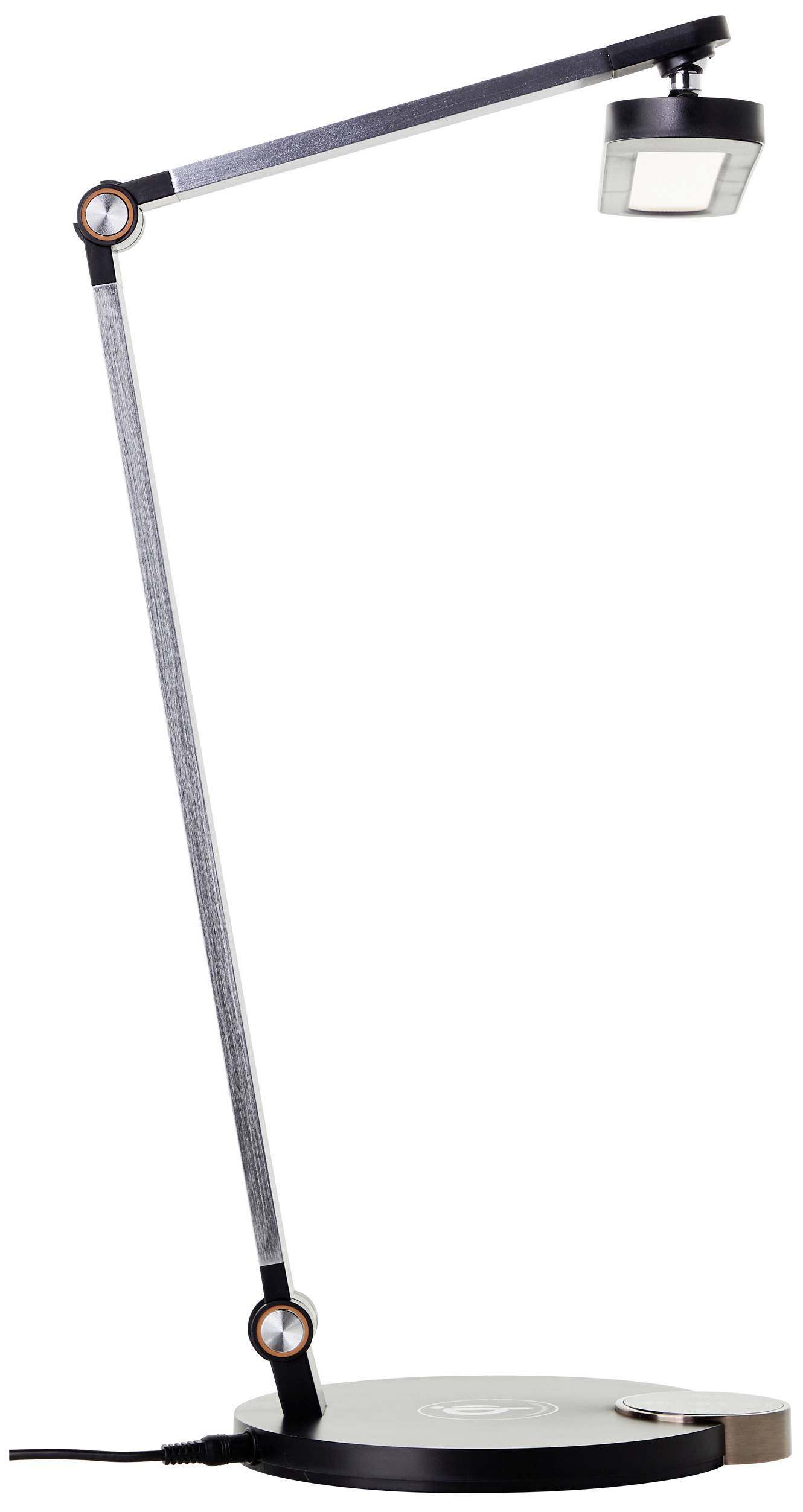 Une lampe de table élégante et moderne avec un bras articulé et une tête de lampe rectangulaire reposant sur un socle rond, idéale pour les espaces de lecture ou de travail.