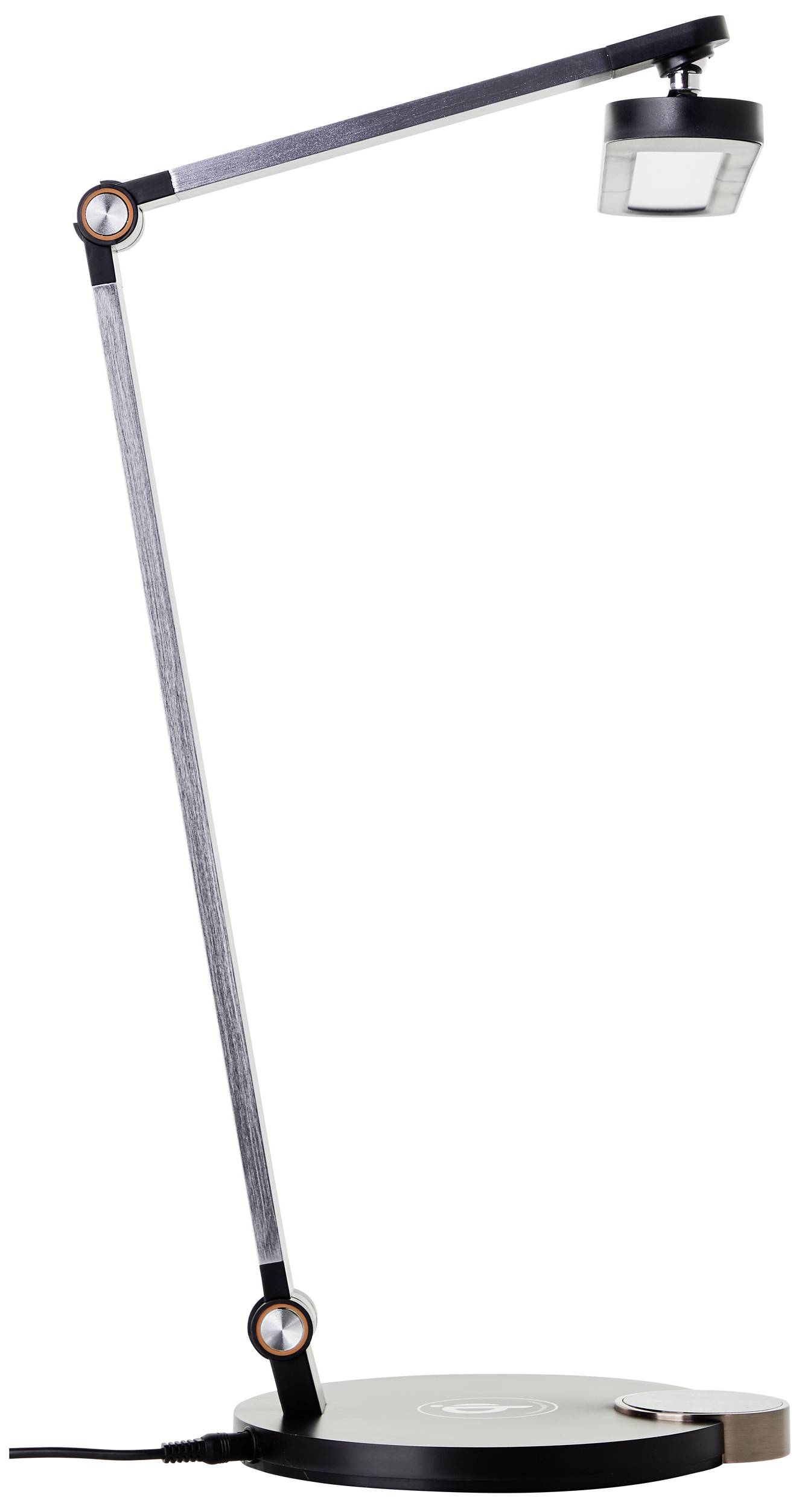 Une lampe de table moderne et élégante avec bras réglable et tête carrée, reposant sur un socle rond noir.