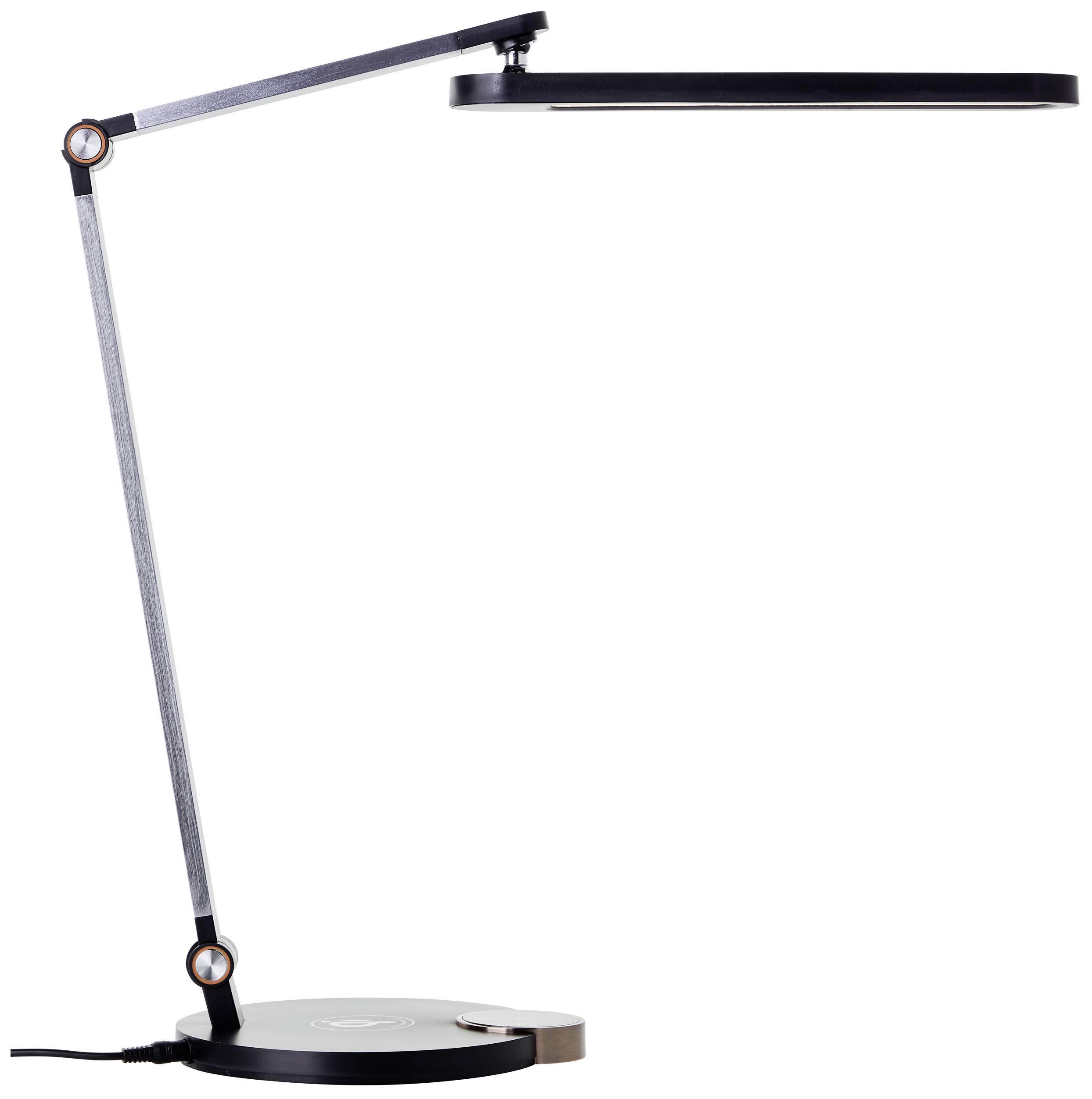Lampe de table moderne avec bras articulable et tête d'éclairage circulaire sur socle à hauteur réglable. Design minimaliste et fonctionnel.