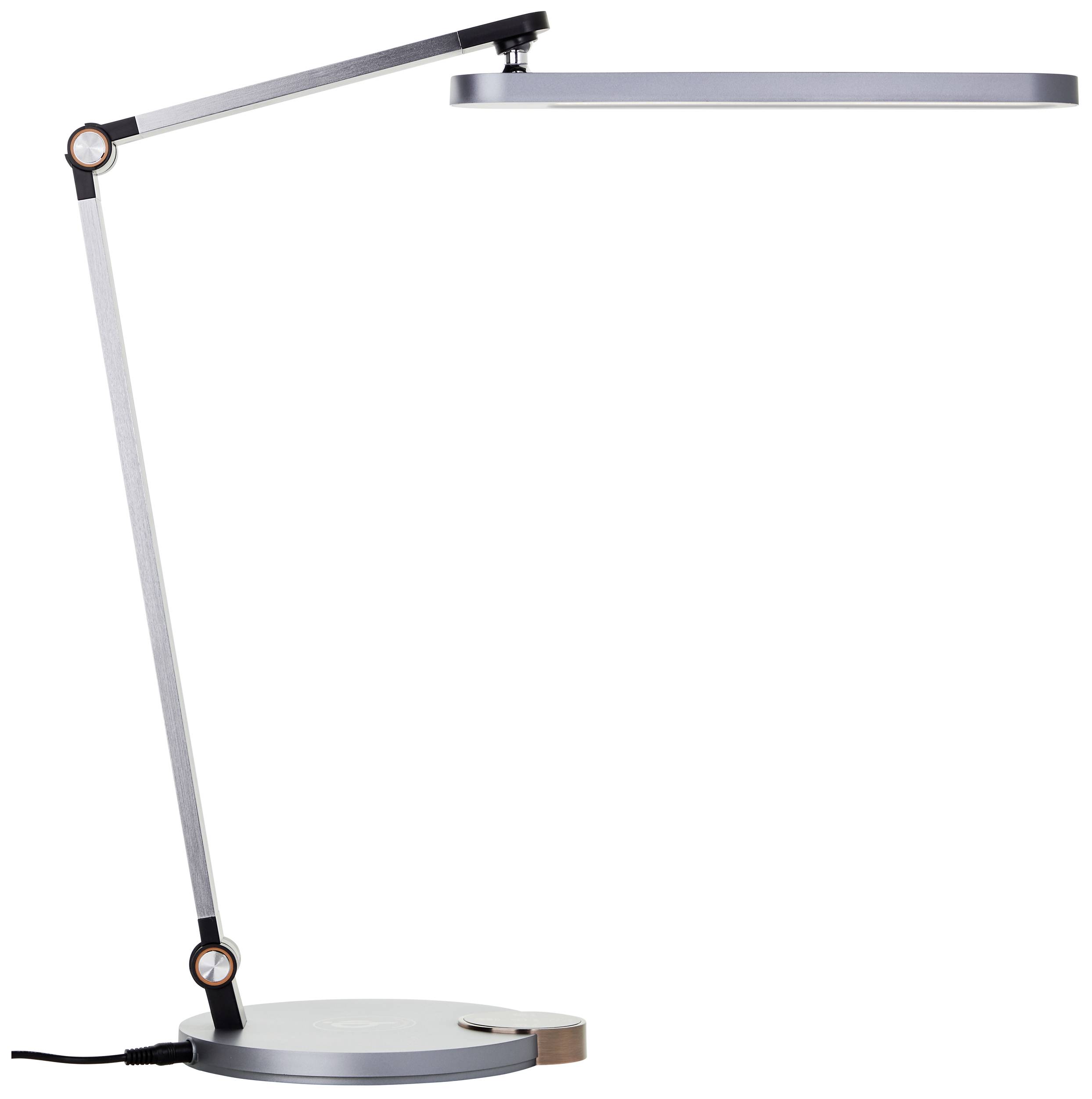 Une lampe de bureau moderne et élégante en métal, dotée d'un bras réglable et d'une tête de lampe ronde, reposant sur un socle stable.