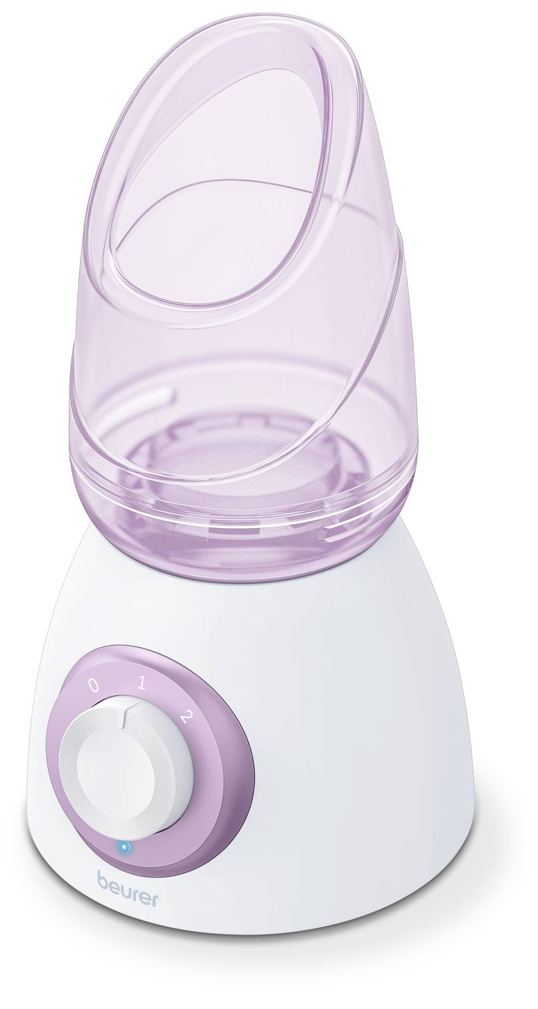 Vaporisateur facial rose et blanc, doté d'un bouton de réglage avec des niveaux de 0 à 2.