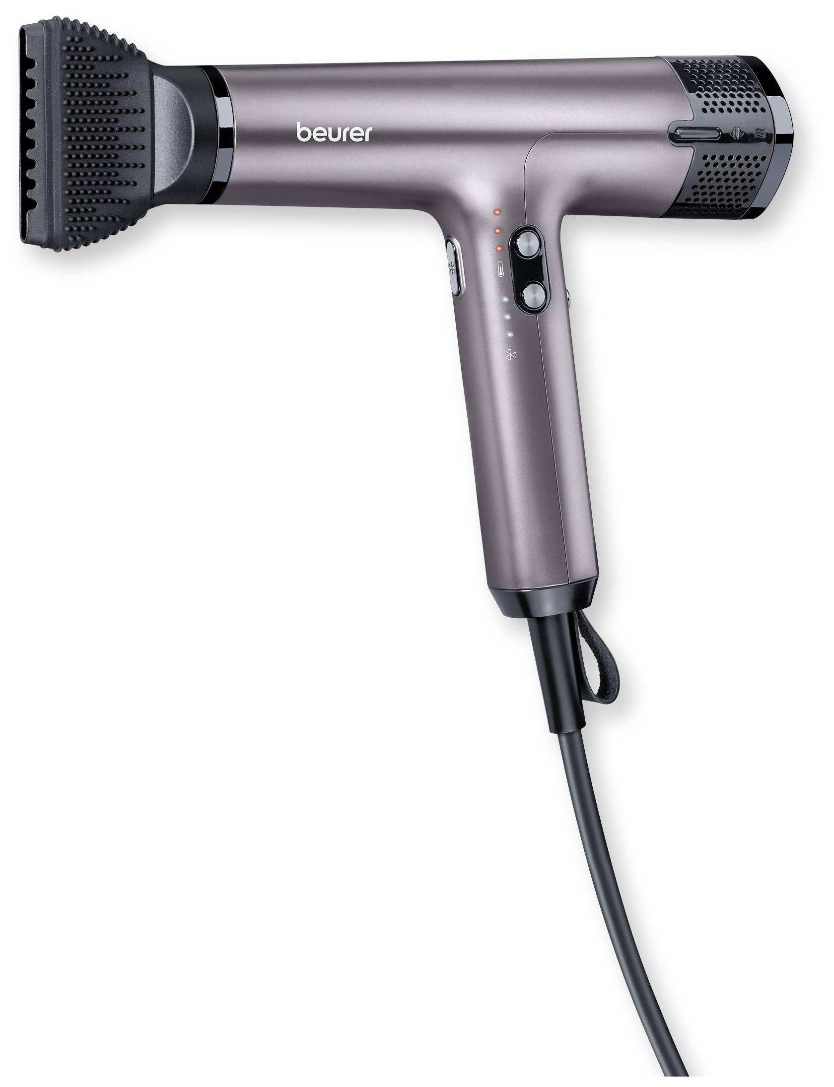 Un sèche-cheveux gris avec un câble noir, un bouton de commande latéral et le logo de la marque 'Beurer', est posé sur un fond blanc.