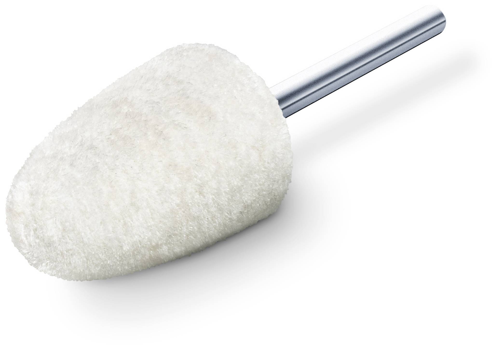 Embout de polissage blanc avec manche métallique, adapté pour le nettoyage ou la finition de surfaces.