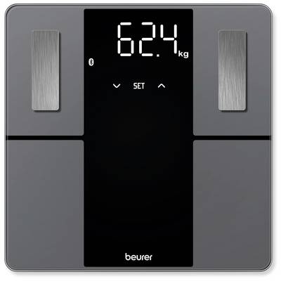 Balance numérique affichant un poids de 62,4 kg. Écran avec touche "SET", commandes argentées sur les côtés, nom de la marque en bas.