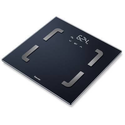 Balance numérique noire avec affichage LED '0,2 kg' et électrodes argentées dans les coins.