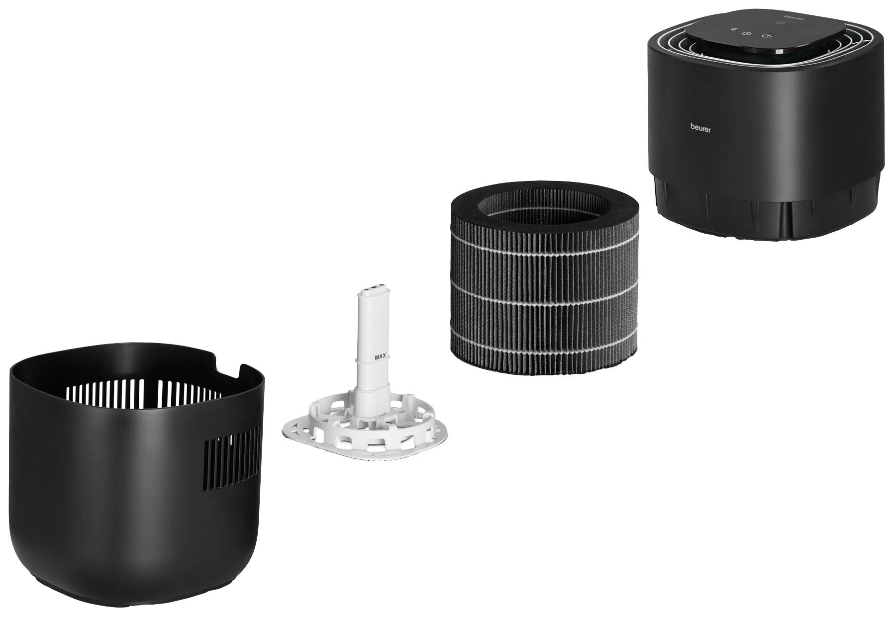 Purificateur d'air en quatre parties distinctes : boîtier, filtre, support et couvercle. La structure et les composants sont représentés de manière visible.