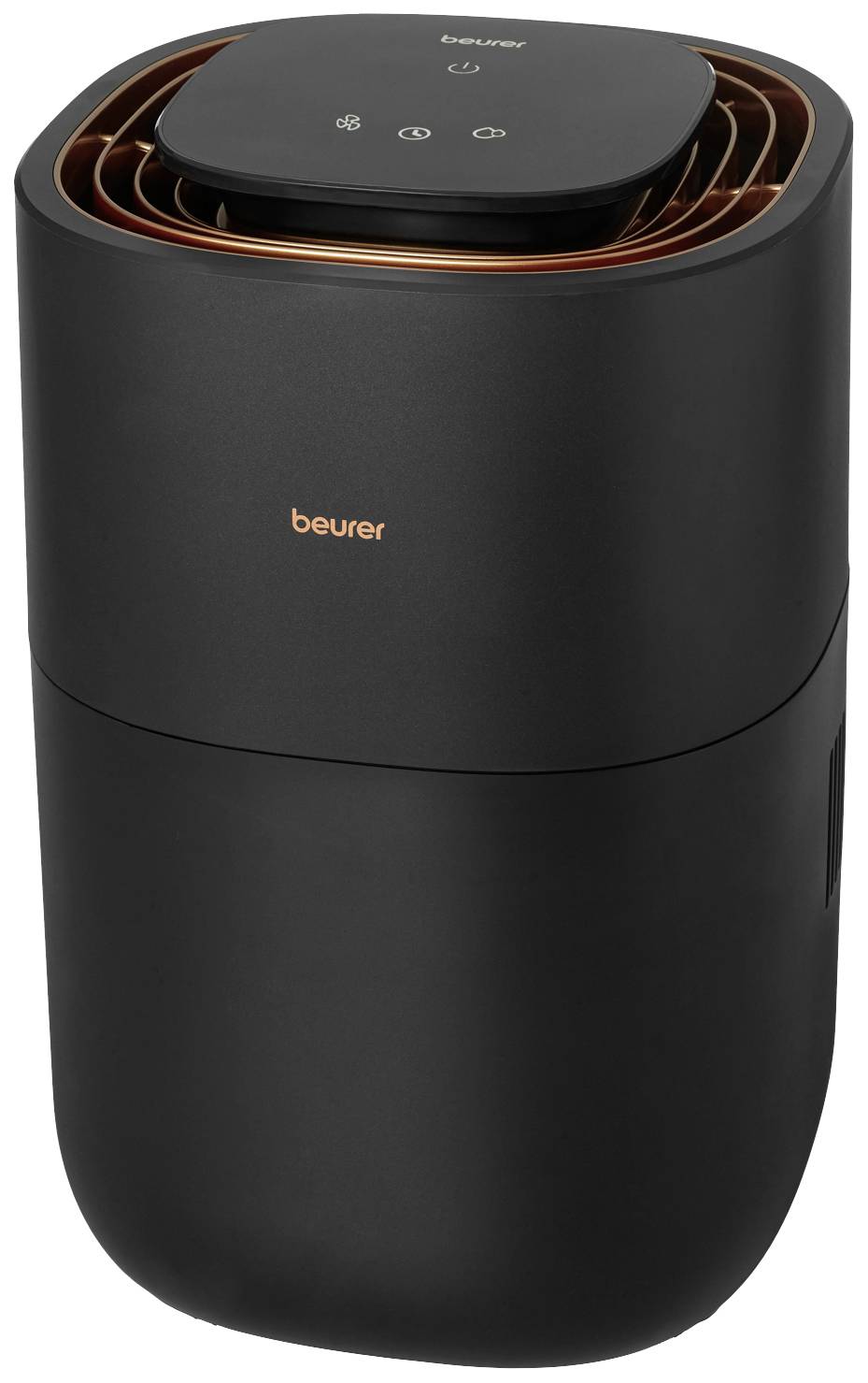 Purificateur d'air noir de la marque Beurer au design moderne, avec des éléments de commande en haut.