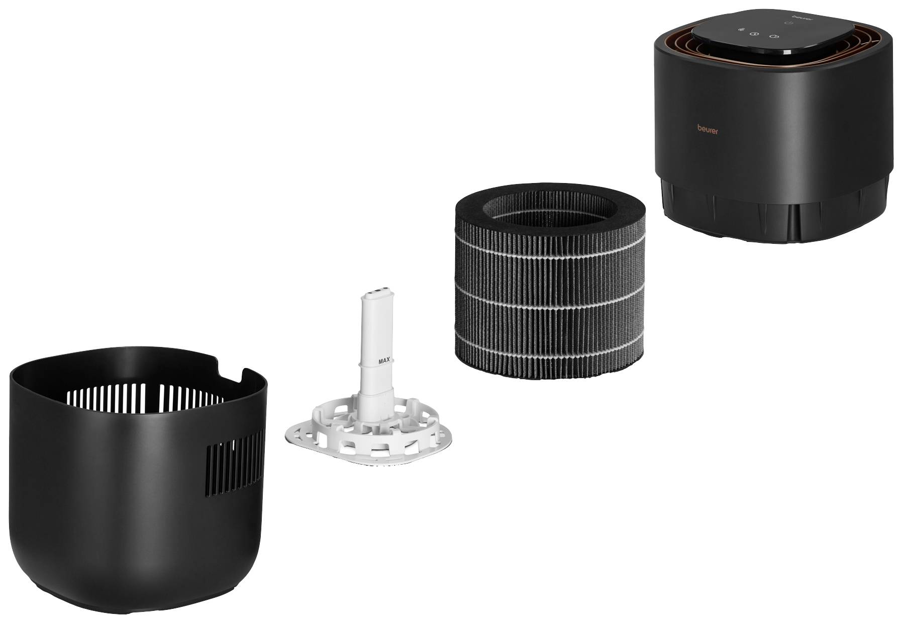 Purificateur d'air avec composants démontés : boîtier, filtres et unité de base, conçus pour un entretien et un nettoyage faciles.